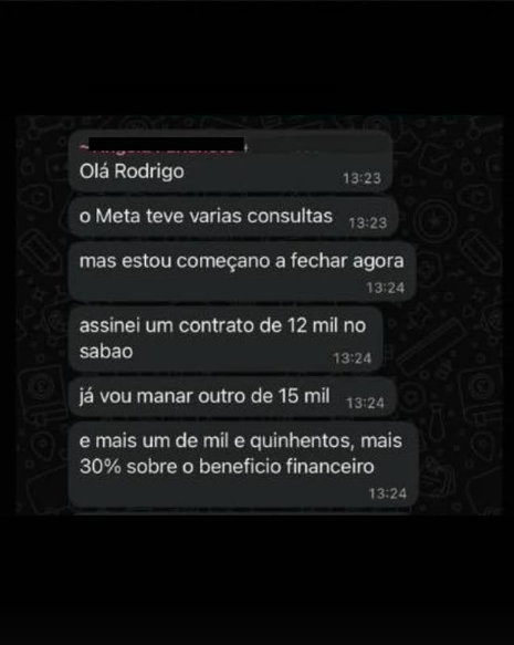 Print de conversa — R$ 28,5 mil em contratos em poucas horas