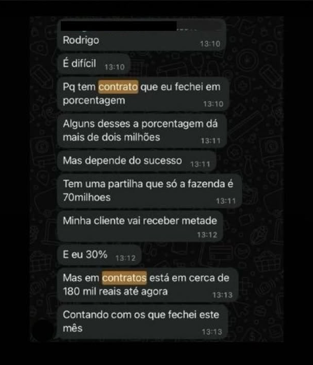 Print de conversa — R$ 180 mil em contratos no mês